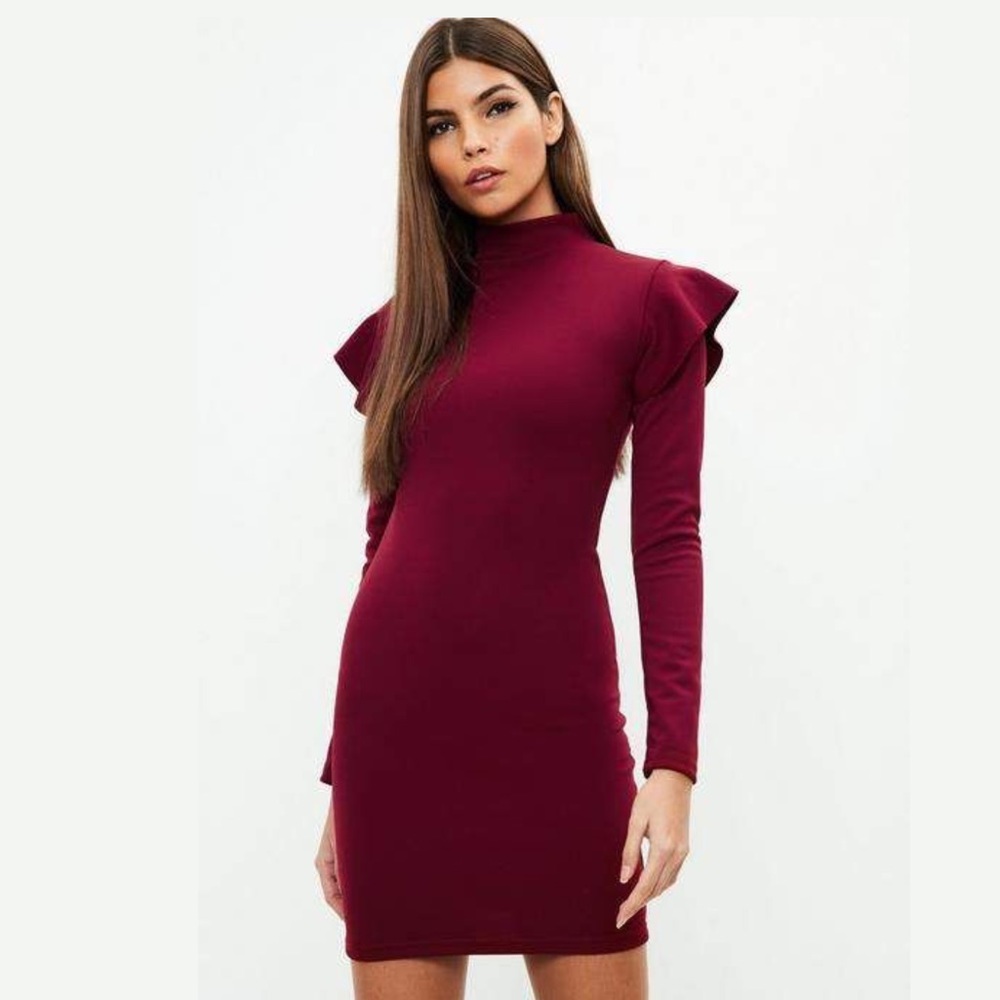 NWT Missguided Burgundy Scuba Frill Shoulder Dress